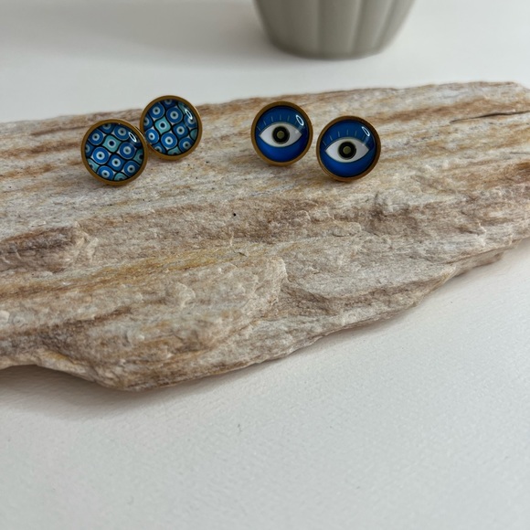 Gold Evil Eye Stud Earrings - Trendy Boho Chic Small Earrings - Stylish Studs - Picture 2 of 14
